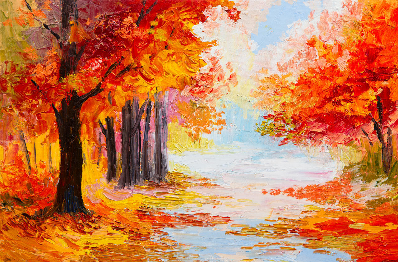 多彩秋天的树林油画二十四节气24节气立秋秋分